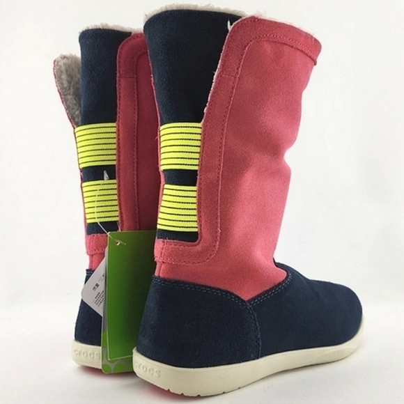 Crocs Adela Women's Foldover Fuzz  Leather Boots Pink Poppy Stucco Navy Size 6 - Picture 7 of 15